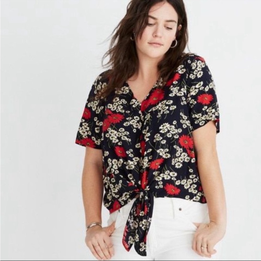 Madewell | Novel Tie-Front Top Black Red Floral Blouse Size Large